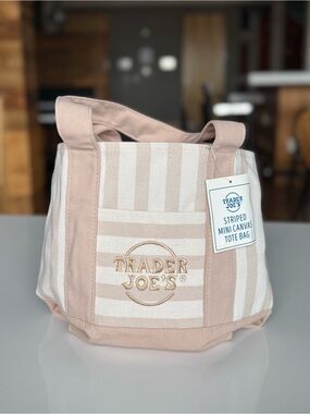 (1) Trader Joe’s Mini Canvas Tote Bag 💐TAN BEIGE Pastel Striped - Summer 2026